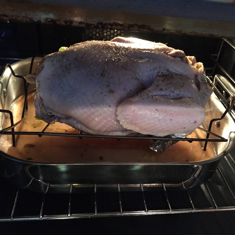 Placing the turkey into the oven