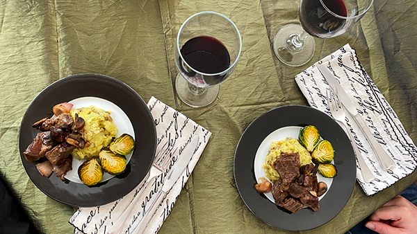 Beef bourguignon with mashed potatoes and brussels sprouts