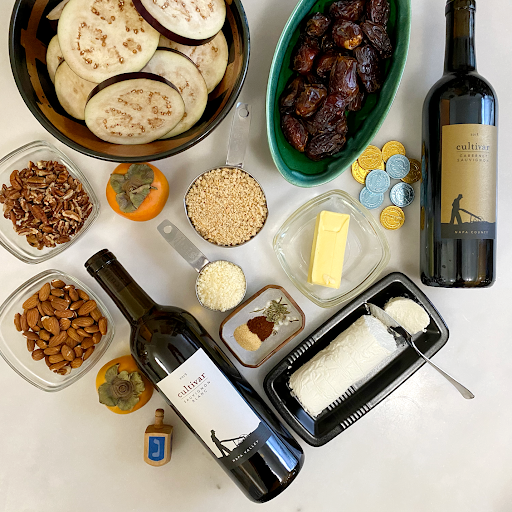 Eggplant, wine, cheese, and nuts